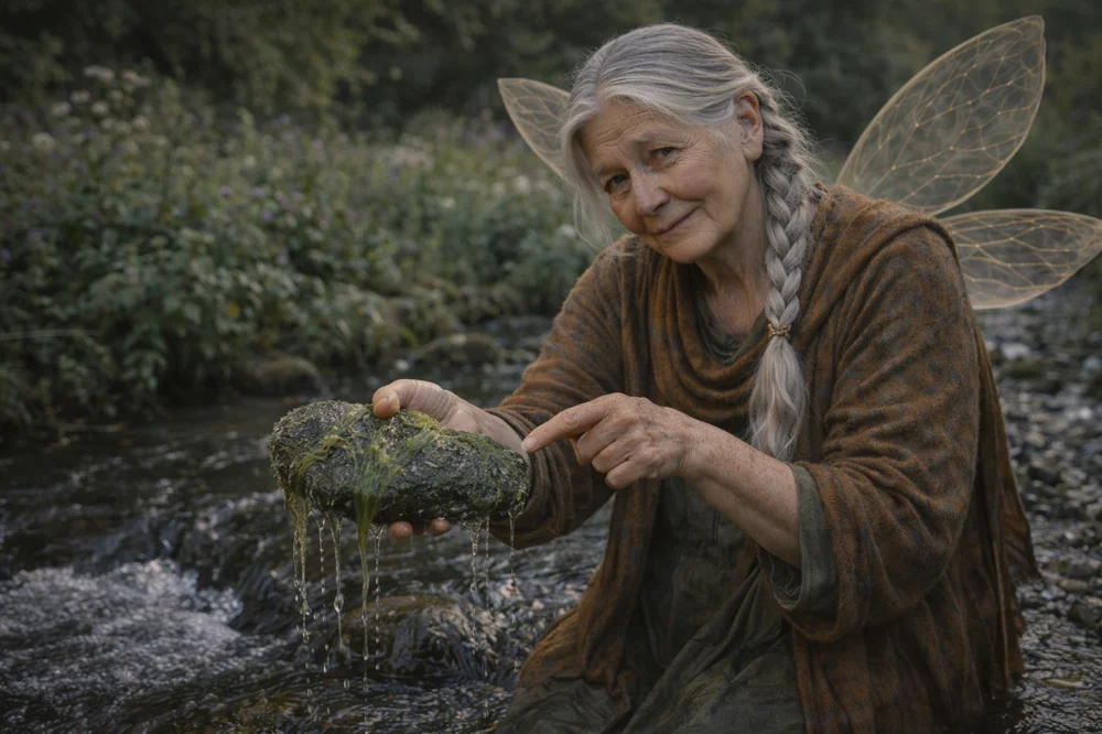 The Tooth Fairy demonstrating biofilm on a rock in a stream.
