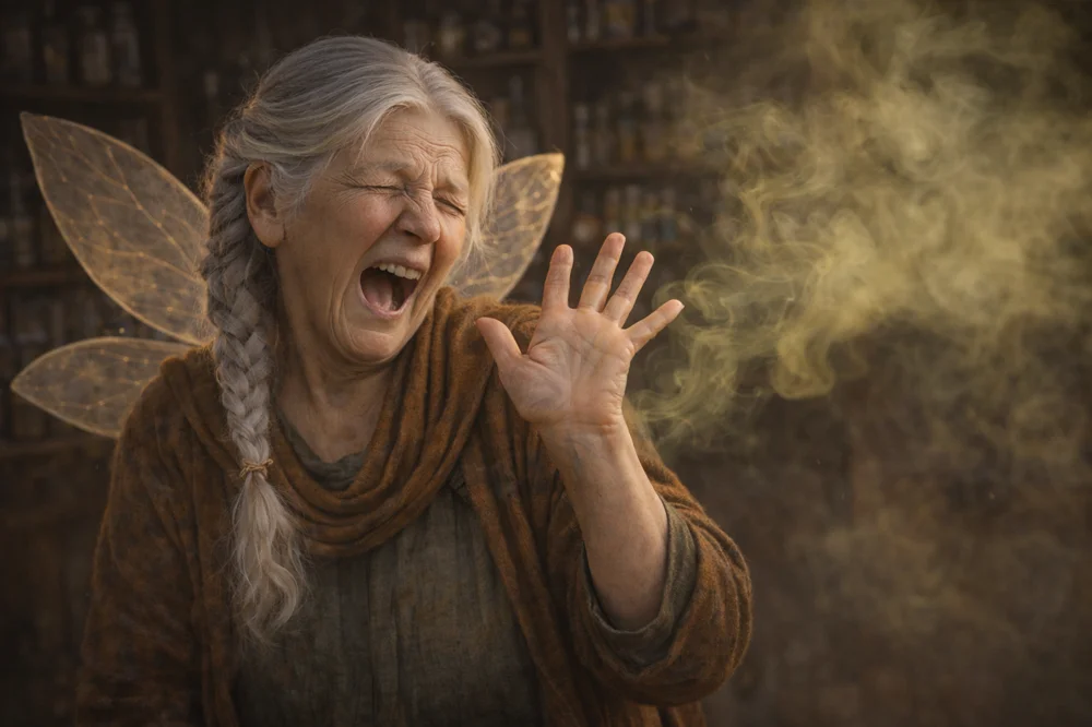 The Tooth Fairy checking a child's breath with theatrical concern.