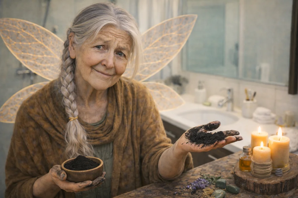 The Tooth Fairy holding charcoal powder with a skeptical expression.