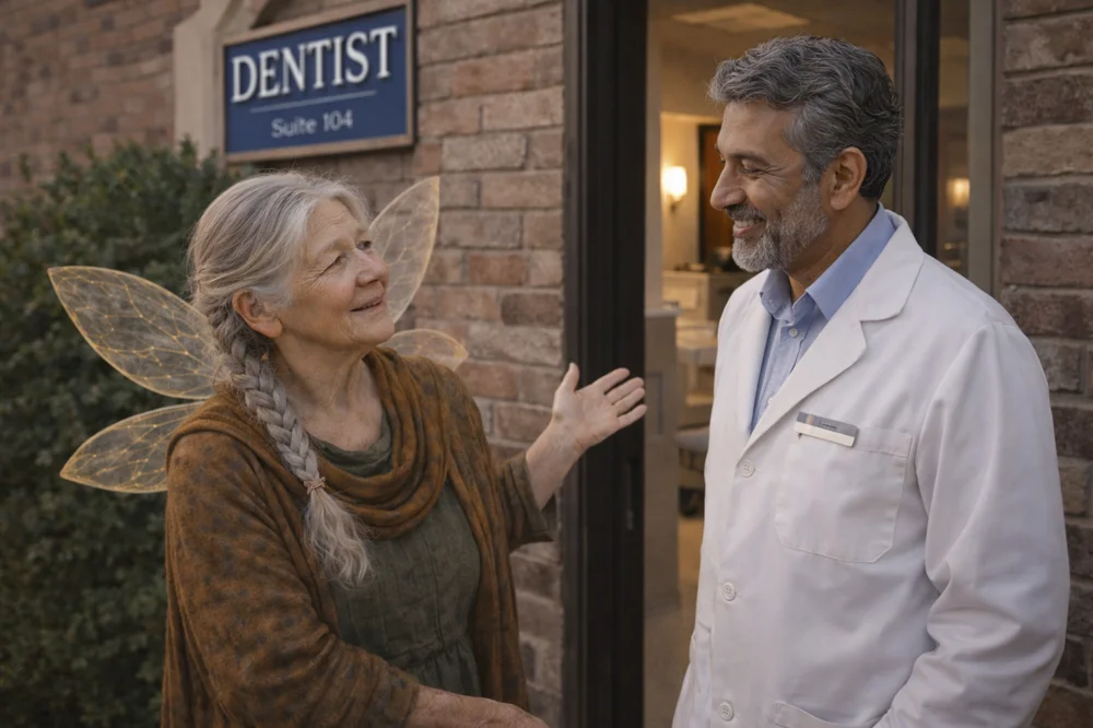 The Tooth Fairy shaking hands with a friendly dentist.
