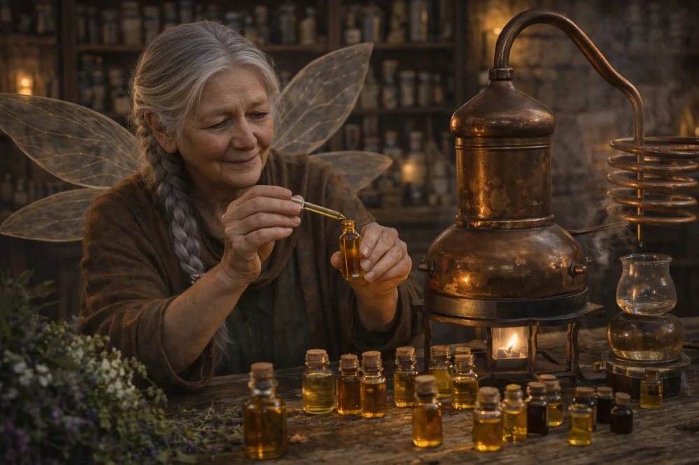The Tooth Fairy distilling essential oils.
