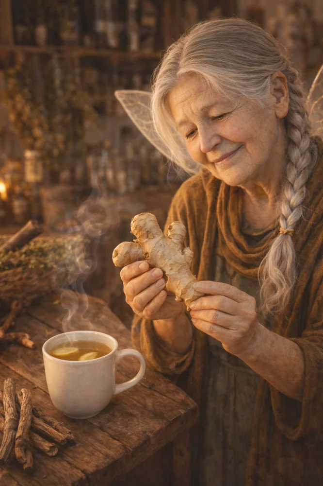 The Tooth Fairy holding fresh ginger root with a cup of steaming ginger tea.