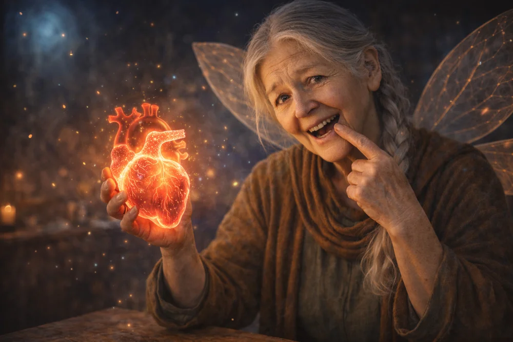 The Tooth Fairy holding a heart, showing the oral-systemic connection.