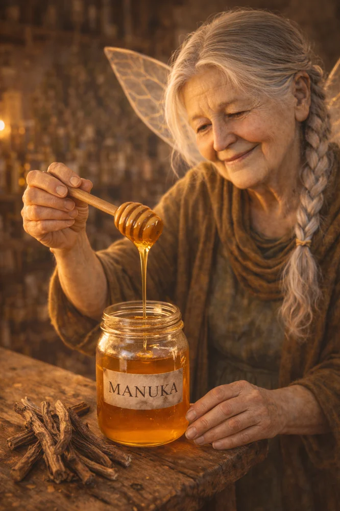 The Tooth Fairy drizzling golden Manuka honey with licorice root nearby.