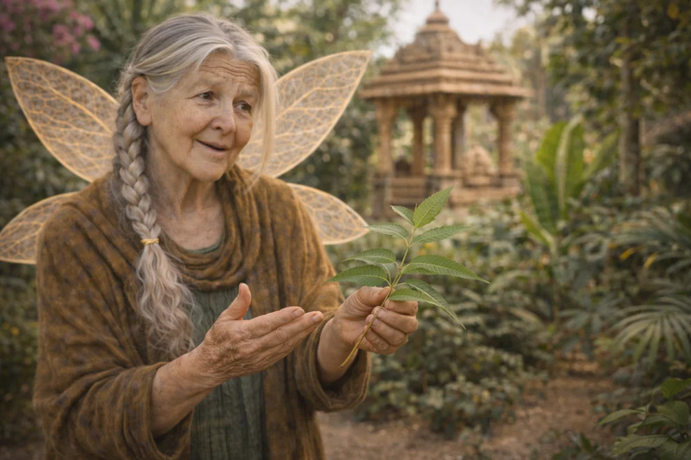 The Tooth Fairy holding a neem branch with its distinctive leaves.