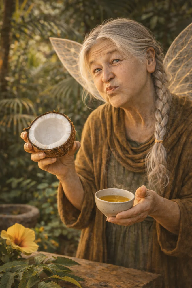 The Tooth Fairy demonstrating oil pulling with playfully puffed cheeks.