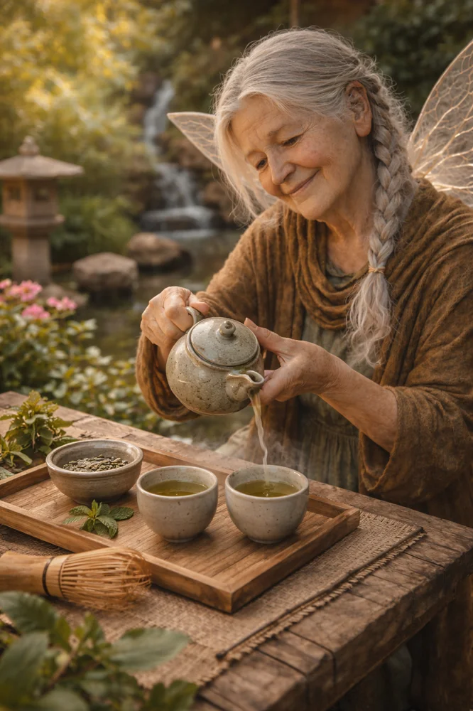 The Tooth Fairy pouring green tea in a peaceful garden.